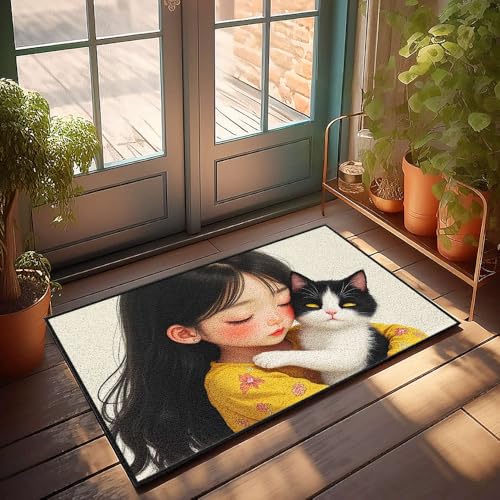 CBRT Home Bar Decor Fußmatte Mädchen im gelben Blumenkleid mit schwarz-weißer Katze, Herbstteppich, Bauernhaus-Fußmatten, für den Außenbereich (40 x 60 cm) von CBRT