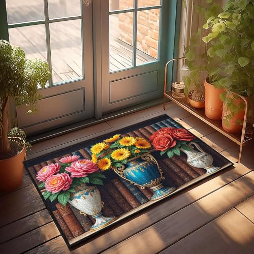 CBRT Lustige Badezimmermatte, Blumen in kunstvollen Vasen auf einem Bücherregal, Fußmatte, Tiki-Bar, Dekoration, Schlafzimmer, Türdekoration (50 x 80 cm) von CBRT