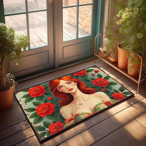 CBRT Lustige Badezimmermatte, Motiv: Eine Frau mit roten Haaren umgeben von Rosen, kleine Willkommensmatte, Outdoor-Fußmatten (65 x 90 cm) von CBRT