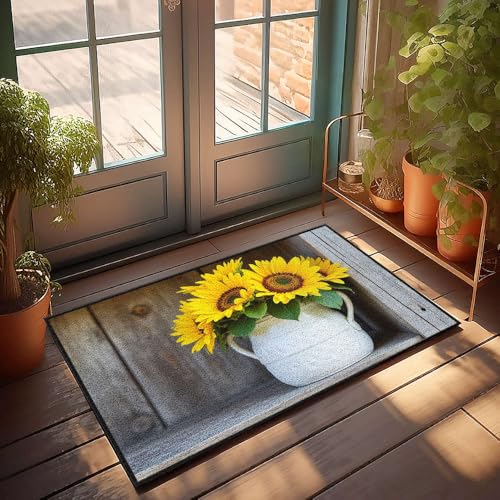 CBRT Lustige Terrassendekoration, Sonnenblumen in einer weißen Vase auf Holzregal, Fußmatte, Outdoor-Teppich, wasserdicht, Bauernhaus, Haustürmatte (50 x 80 cm) von CBRT