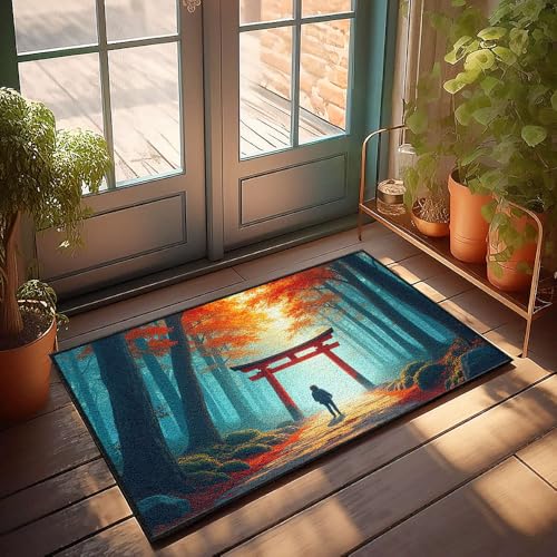 CBRT Lustige Terrassendekoration, eine Person steht unter einem roten Torii-Tor in einem Herbstwald, Fußmatte, Outdoor-Teppich, wasserdicht, Bauernhaus, Haustürmatte (40 x 60 cm) von CBRT