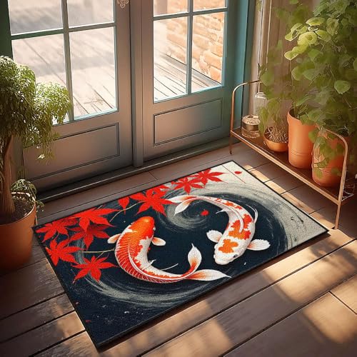 CBRT Raumzubehör für Teenager, Jungen, zwei Koi-Fische, schwimmen in einem Yin-Yang-Teich mit roten Ahornblättern, Fußmatte, Fußmatte, für den Außenbereich, Eingang, Zuhause, lustige Fußmatte F (40 x von CBRT