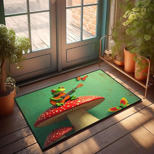 CBRT Sommerteppich, Motiv: Ein Frosch spielt Gitarre auf einem Pilz, Fußmatte, Tiki-Bar, Dekoration, Schlafzimmer, Türdekoration (65 x 90 cm) von CBRT