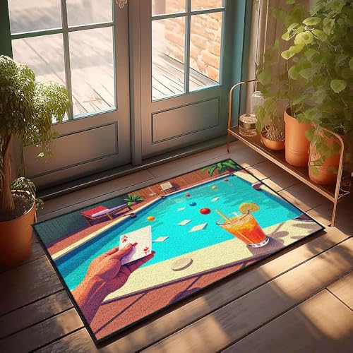 CBRT Stuff For Boys Room A Hand Holds An Ace Of Hearts Near A Pool With Colorful Balls Fußmatte Herbstmatten Outdoor Bar Zubehör Männerhöhle (65 x 90 cm) von CBRT