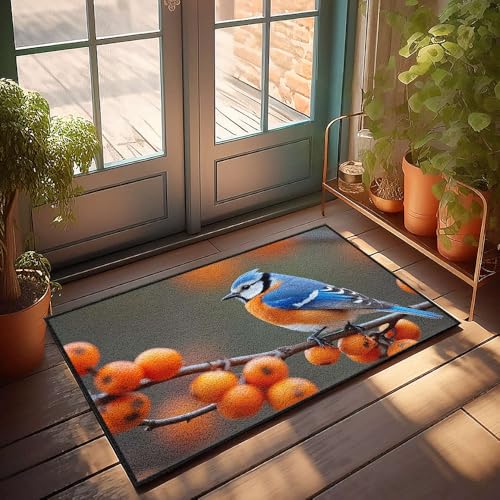 CBRT Unifarbene Willkommensmatte, bunte Vogelsitzstangen auf einem Ast, verziert mit leuchtend orangefarbenen Beeren, Fußmatte, Herbstteppich, für den Außenbereich, für Haustür (65 x 90 cm) von CBRT