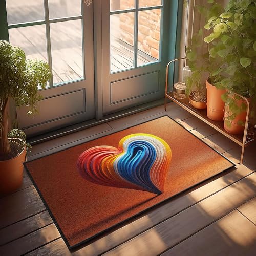 CBRT Unifarbene Willkommensmatte, bunte herzförmige Wellen auf orangefarbenem Hintergrund, Fußmatte, Herbstteppich, Outdoor-Matten für Haustür (65 x 90 cm) von CBRT