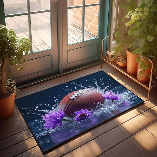 CBRT Veranda-Teppich-Set, Motiv: American Football mit Wasserspritzern und violetten Blumen, Fußmatte, Badezimmerteppich-Set, lustige Outdoor-Dekoration (65 x 90 cm) von CBRT