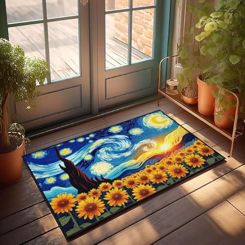 CBRT Veranda-Teppiche für den Außenbereich, Sonnenblumen unter dem wirbelnden Sternenhimmel, Fußmatte, Badezimmerteppich-Set, lustige Outdoor-Dekoration (65 x 90 cm) von CBRT