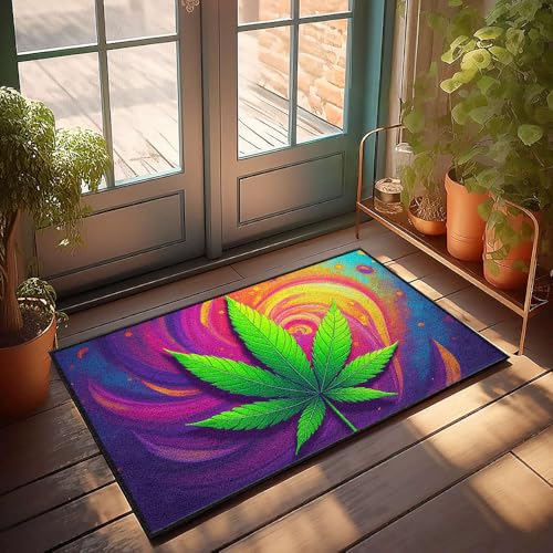 CBRT Veranda-Teppiche für den Außenbereich, ein lebendiges Cannabisblatt vor einem wirbelnden Regenbogen-Hintergrund, Fußmatte, Badezimmerteppich-Set, lustige Outdoor-Dekoration (50 x 80 cm) von CBRT