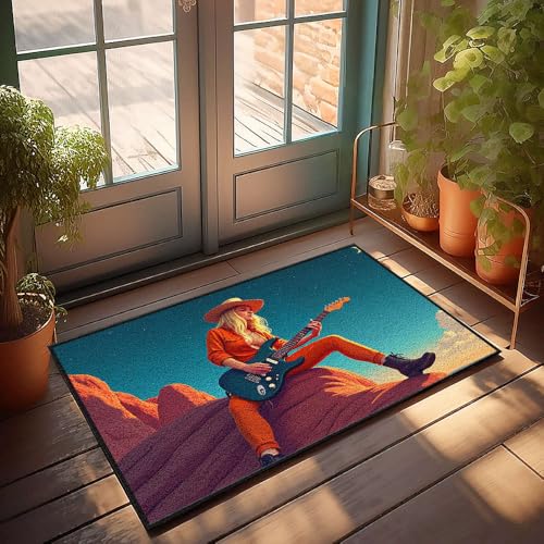 CBRT Veranda-Teppiche für den Außenbereich, eine Frau in Orange, spielt Gitarre unter einem Sternenhimmel, Fußmatte, Badezimmerteppich-Set, lustige Outdoor-Dekoration (65 x 90 cm) von CBRT