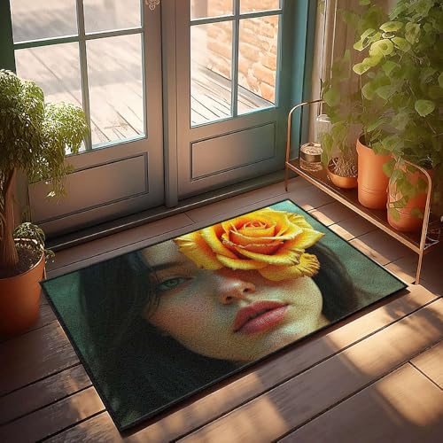CBRT Veranda-Teppiche für den Außenbereich, eine junge Frau mit einer gelben Rose, die ihr Auge bedeckt, Fußmatte, Badezimmerteppich-Set, lustige Outdoor-Dekoration (40 x 60 cm) von CBRT