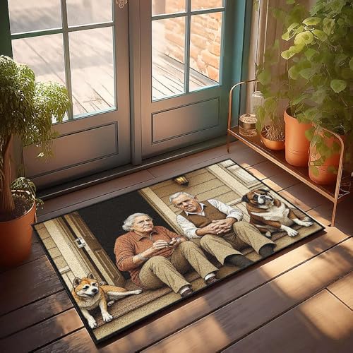 CBRT Veranda-Teppiche für den Außenbereich, zwei ältere Menschen sitzen auf einer Veranda mit ihren Hunden, Fußmatte, Badezimmerteppich-Set, lustige Outdoor-Dekoration (40 x 60 cm) von CBRT