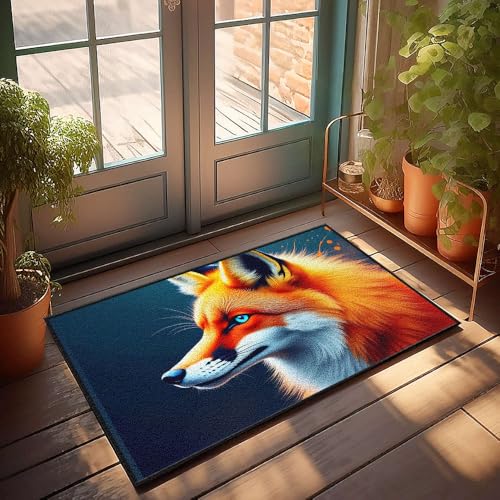 CBRT Vintage Decor Fußmatte mit leuchtenden Fuchs mit auffälligen blauen Augen, personalisierbar, für den Außenbereich (65 x 90 cm) von CBRT