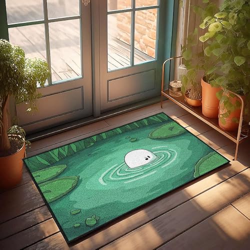 Einfarbige Willkommensmatte, niedlicher runder Charakter, der aus einem Teich umgeben von Lilien-Pads entsteht, Fußmatte, Herbstteppiche, Herbstmatten für die Haustür (50 x 80 cm) von CBRT