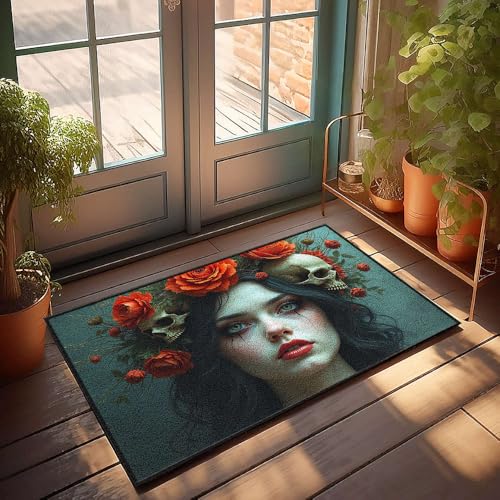 Eingangsmatten für den Innenbereich, Totenköpfe, Rosen und leuchtend roter Lippenstift, Fußmatte, Kaffeebar, Dekoration, Heimdekoration, Herren (65 x 90 cm) von CBRT