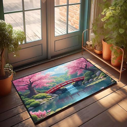 Eingangsmatten für den Innenbereich, ein ruhiger japanischer Garten mit Kirschblüten, einer roten Brücke und einem ruhigen Teich, Fußmatte, Kaffeebar, Dekoration, Heimdekoration, Herren (40 x 60 cm) Eingangsmatten für den Innenbereich, ein ruhiger japanischer Garten mit Kirschblüten, einer roten Brücke und einem ruhigen Teich, Fußmatte, Kaffeebar, Dekoration, Heimdekoration, Herren (40 x 60 cm) von CBRT