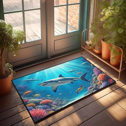 Einzigartige Fußmatte, für den Innenbereich, Haie, schwimmen unter bunten Korallenriffen, Fußmatte, Herbst-Fußmatte, Outdoor-Herrenzimmer-Dekoration (65 x 90 cm) von CBRT