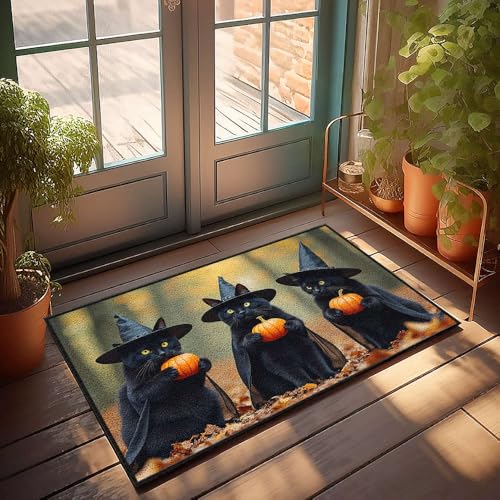 Einzigartige Fußmatte für den Innenbereich, drei schwarze Katzen, die als Hexen verkleidet sind, Kürbisse halten, Fußmatte, Herbst-Fußmatte, Outdoor-Herrenzimmer-Dekoration (65 x 90 cm) von CBRT