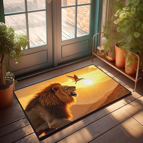 Einzigartige Fußmatten für den Innenbereich, Löwe, brüllend bei Vogel im Sonnenuntergang, Fußmatte, Herbst-Fußmatte, Outdoor-Herrenzimmer-Dekoration (50 x 80 cm) von CBRT