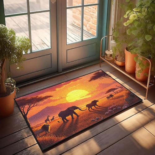 Einzigartige Fußmatten für den Innenbereich, afrikanische Savanne bei Sonnenuntergang mit Elefanten, Löwen, Giraffen und Flamingos, Fußmatte, Herbst-Fußmatte, für den Außenbereich Einzigartige Fußmatten für den Innenbereich, afrikanische Savanne bei Sonnenuntergang mit Elefanten, Löwen, Giraffen und Flamingos, Fußmatte, Herbst-Fußmatte, für den Außenbereich von CBRT