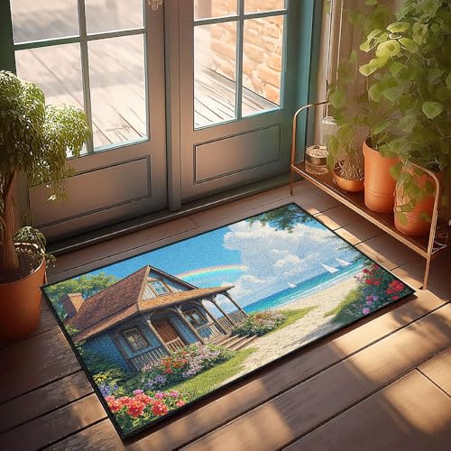 Einzigartige Fußmatten für den Innenbereich, ein gemütliches Strandhaus mit lebendigen Blumen und einem Regenbogen im Himmel, Fußmatte, Herbst-Fußmatte, für den Außenbereich, Herrenzimmer-Dekoration Einzigartige Fußmatten für den Innenbereich, ein gemütliches Strandhaus mit lebendigen Blumen und einem Regenbogen im Himmel, Fußmatte, Herbst-Fußmatte, für den Außenbereich, Herrenzimmer-Dekoration von CBRT
