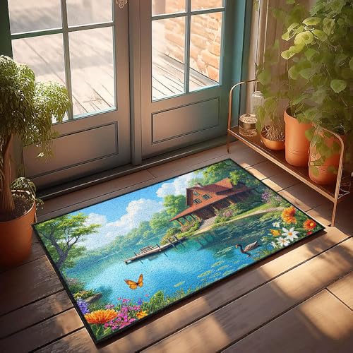 Einzigartige Fußmatten für den Innenbereich, ein ruhiges Landhaus am See, umgeben von lebendigen Blumen, Fußmatte, Herbst-Fußmatte, Outdoor-Herrenzimmer-Dekoration (50 x 80 cm) von CBRT