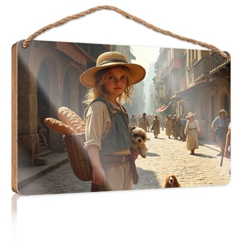 Frühlingsschild für die Veranda, Aufschrift "A Young Girl Carries Bread in A Basket On Her Back", Holzschild, Outdoor-Schilder und Dekoration, Spielzimmer-Dekoration (15 x 28 cm) von CBRT