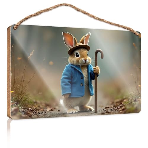 Frühlingsschild für die Veranda, ein Kaninchen in einem blauen Mantel, der einen Stock hält, Holzschild, Outdoor-Schilder und -dekoration, Spielzimmer-Dekoration (23 x 35 cm) von CBRT