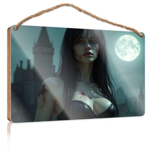 Frühlingsschild für die Veranda, eine Frau aus schwarzem Leder mit Blut, stehend unter einem Vollmond, Holzschild, Outdoor-Schilder und -dekoration, Spielzimmer-Dekoration (20 x 30 cm) von CBRT