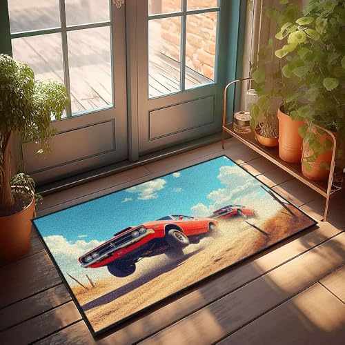 Fußmatte, lustig, zwei klassische Muskelautos, Rennen auf einer staubigen Straße, Fußmatte, für den Außenbereich, Fußmatte, Matte für Schuhe an der Tür (65 x 90 cm) von CBRT