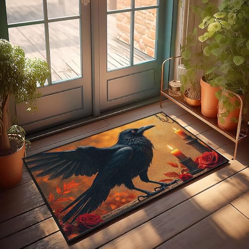 Fußmatte für den Außenbereich, lustige Fußmatte mit schwarzen Krähen steht neben beleuchteten Kerzen und roten Rosen, 50 x 80 cm Fußmatte für den Außenbereich, lustige Fußmatte mit schwarzen Krähen steht neben beleuchteten Kerzen und roten Rosen, 50 x 80 cm von CBRT