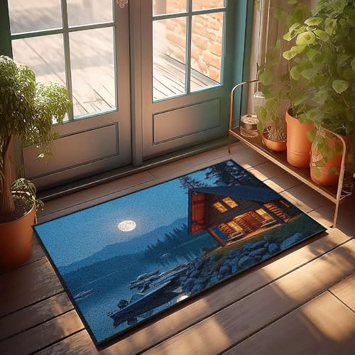 Fußmatte für den Außenbereich, lustige Holzhütte am See unter einem Vollmond-Fußmatte, für den Außenbereich, Bar, Zubehör, Dekoration, Jungenzimmer-Dekoration (65 x 90 cm) von CBRT