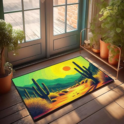 Fußmatte für den Außenbereich, lustige Wüstenlandschaft mit Kakteen und lebendigem Sonnenuntergang, Fußmatte, Outdoor-Bar-Zubehör, Dekoration, Jungenzimmer-Dekoration (40 x 60 cm) von CBRT