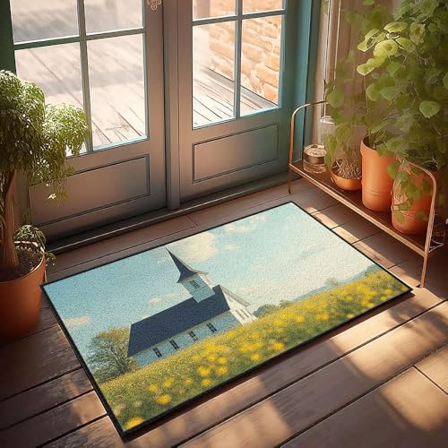 Fußmatte für den Eingangsbereich, eine ruhige weiße Kirche mit einem Kirchturm, steht inmitten eines Feldes gelber Blumen, große Haustürmatte, Badezimmerteppich-Set (40 x 60 cm) von CBRT