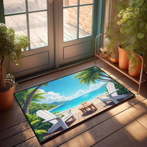 Fußmatte für den Innenbereich, zwei Stühle auf einer Holzterrasse mit Blick auf einen tropischen Strand mit Palmen, Fußmatte, Jugendzimmer-Dekoration, Fußmatten mit Sprüchen (40 x 60 cm) von CBRT