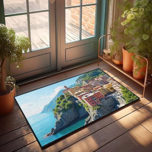Fußmatte für den Sommer, bunte Gebäude auf einer Klippe mit Blick auf das Meer, Fußmatte, Fußmatte, 50 x 80 cm Fußmatte für den Sommer, bunte Gebäude auf einer Klippe mit Blick auf das Meer, Fußmatte, Fußmatte, 50 x 80 cm von CBRT