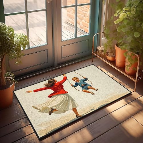 Fußmatte für den Vordereingang, eine Frau in einer roten Jacke, schwingt ihr Kind auf einer Schaukel, große Fußmatte für den Innenbereich, Badezimmerteppich-Sets (40 x 60 cm) von CBRT