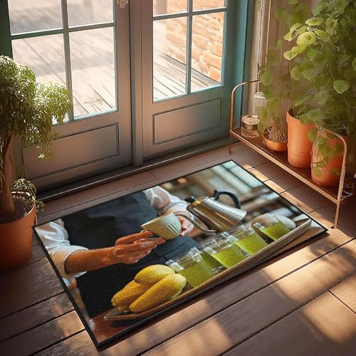 Fußmatte für die Haustür, Aufschrift "A Person Is Pouring Tea Into Cups On A Tray With Bananas", Herbst-Fußmatte, Outdoor-Herrenzimmer-Dekoration (50 x 80 cm) von CBRT