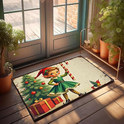 Fußmatte für die Haustür, Motiv: Elfe mit Zuckerstange in der Nähe des Weihnachtsbaums, Fußmatte, Herbst-Fußmatte, Outdoor-Herrenzimmer-Dekoration (40 x 60 cm) von CBRT
