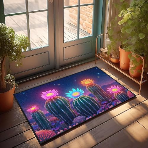 Fußmatte für die Haustür, bunt, leuchtende Kakteen unter einem Sternenhimmel, Fußmatte, Badematte für Badezimmer, rutschfeste Fußmatte (50 x 80 cm) von CBRT