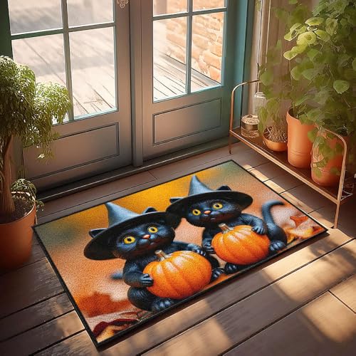 Fußmatte für die Haustür, zwei schwarze Katzen in Hexenhüten, die Kürbisse halten, Fußmatte, Herbst-Fußmatte, Outdoor-Herrenzimmer-Dekoration (40 x 60 cm) von CBRT
