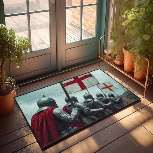 Fußmatte für die Veranda, Ritter in Rüstung mit Flaggen mit roten Kreuzen, für Herren, Höhlendekoration, Herbsttürdekoration (65 x 90 cm) von CBRT