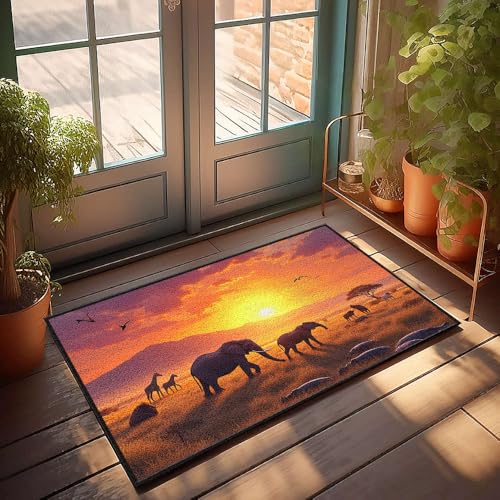 Fußmatte für die Veranda, afrikanische Savanne bei Sonnenuntergang mit Elefanten, Giraffen und Nilpferden, für Herren, Höhlendekoration, Herbsttürdekoration (65 x 90 cm) von CBRT