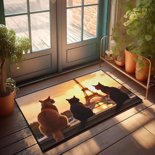 Fußmatte für die Veranda, drei Katzen, bewundern den Eiffelturm bei Sonnenuntergang, für Herren, Höhlendekoration, Herbsttürdekoration (40 x 60 cm) von CBRT
