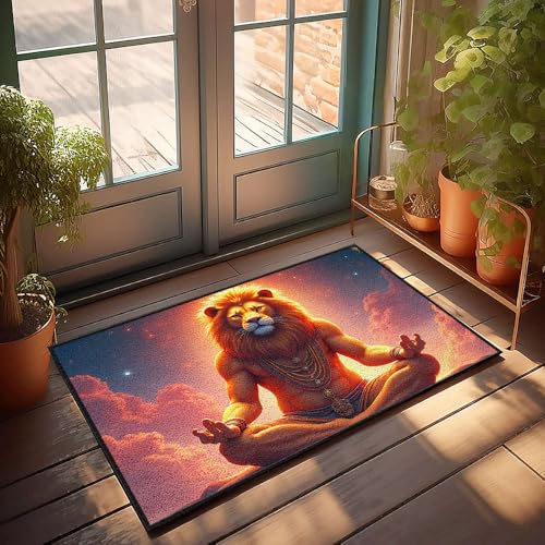Fußmatte mit lustigem Löwe in Meditations-Pose mit himmlischem Hintergrund, Fußmatte für den Außenbereich, Fußmatte, Matte für Schuhe bei Tür (40 x 60 cm) von CBRT