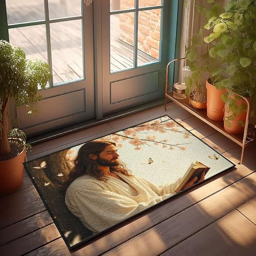 Fußmatte mit lustigem Mann, Lesebuch unter Kirschblütenbaum, Fußmatte, für den Außenbereich, Fußmatte, Matte für Schuhe bei Tür (65 x 90 cm) von CBRT