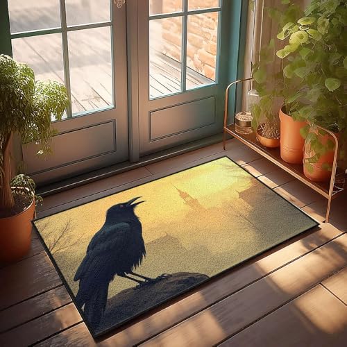 Fußmatte mit lustigem Rabe auf einem Felsen mit Schloss im Hintergrund, Fußmatte für den Außenbereich, lustig, 50 x 80 cm Fußmatte mit lustigem Rabe auf einem Felsen mit Schloss im Hintergrund, Fußmatte für den Außenbereich, lustig, 50 x 80 cm von CBRT