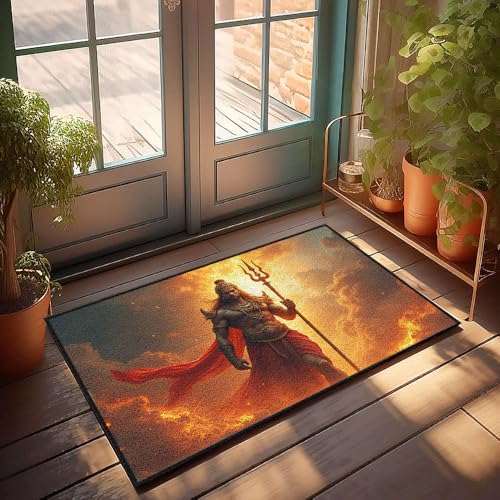 Fußmatte mit lustigem Text, Motiv: Ein Krieger mit Dreizack steht inmitten feuriger Wolken, Fußmatte, Badezimmerteppich, lustige Outdoor-Dekoration (50 x 80 cm) von CBRT