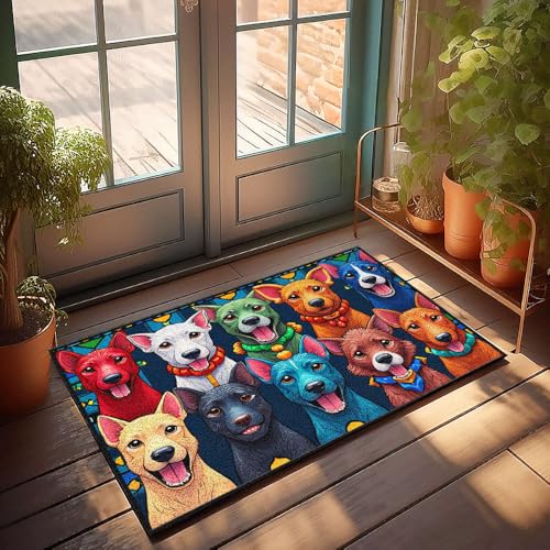 Fußmatte mit lustigem Text, bunte Cartoon-Hunde im Buntglas-Stil, Fußmatte, Badezimmerteppich-Set, lustige Outdoor-Dekoration (50 x 80 cm) von CBRT