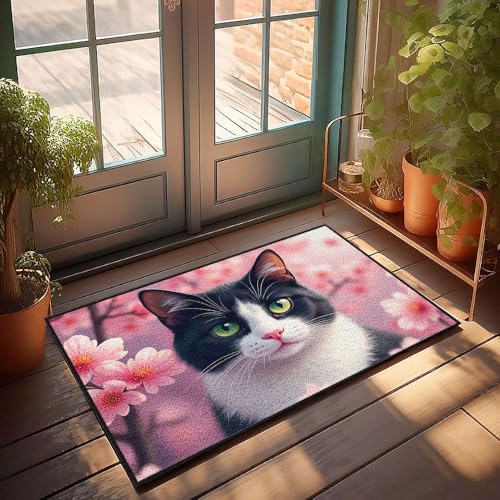 Fußmatte mit lustigem Text, eine schwarz-weiße Katze mit grünen Augen ist umgeben von rosa Blumen, Fußmatte, Badezimmerteppich, lustige Outdoor-Dekoration (65 x 90 cm) von CBRT